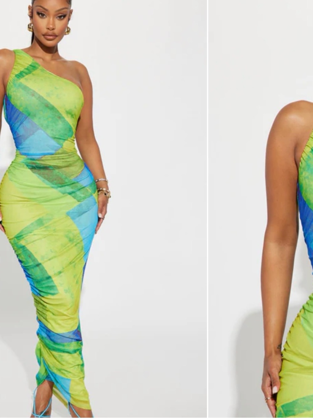 Fashion Nova One-Shoulder Green & Blue Mesh Ruched Maxi Dress